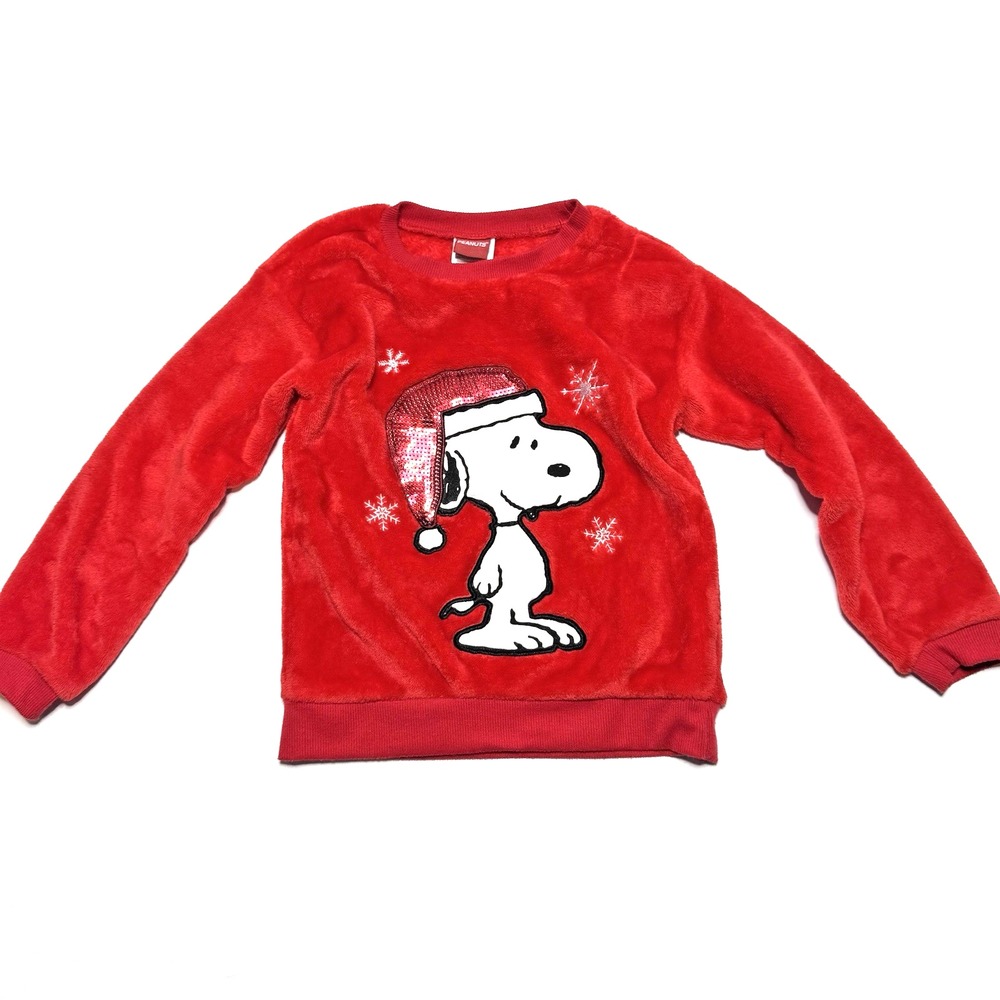 Snoopy Peanuts Christmas Sweater Kids Size 6X Red Fleece Pullover Sequin Hat